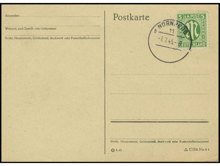 5 Pfg., gestempelt "NÜRNBERG 7.7.45" auf Blankokarte, seltenes frühes Datum