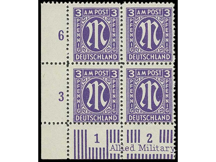 Deutscher Druck: 3 Pfg. blauviolett in Zähnung 11 1/2, postfrischer Viererblock aus der linken unteren Bogenecke, unsign. mit