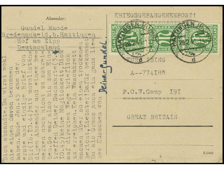 5 Pfg. (3) auf Kriegsgefangenenkarte von "HATTINGEN 20.2.46" nach England, Karte kleine Mängel