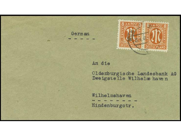 8 Pfg. im waagerechten Paar auf Firmen-Ortsbrief von "WILHELMSHAVEN 29.4.46"
