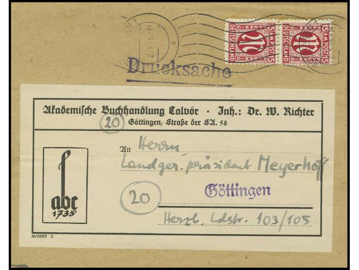 15 Pfg. im senkrechten Paar (Zähnung etwas stockig) mit Rollstempel "GÖTTINGEN 2.5.46" auf Orts-Drucksache (Streifband) der 4