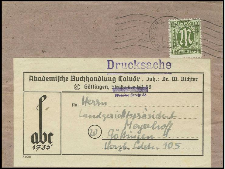 30 Pfg. mit Rollstempel "GÖTTINGEN 1.6.46" auf Orts-Drucksache (Streifband) der 4. Gewichtsstufe, sehr selten
