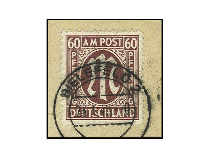 60 Pfg. karminbraun in Zähnung 11 mit Stempel "BIELEFELD 2 23.1.46" auf Briefstück, Fotobefund Hettler BPP (Mi. 1800,-)