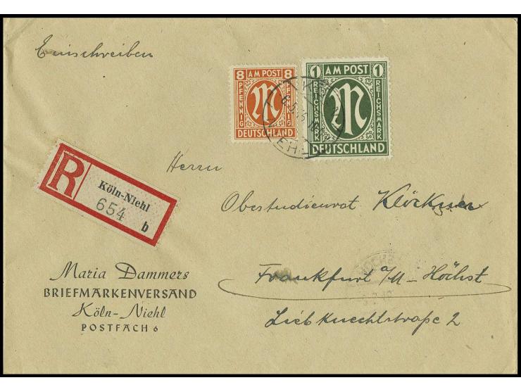1 M. mit englischer Druck 8 Pfg. auf portogerechtem R-Brief der 2. Gewichtsstufe von "KÖLN 6.5.45" nach Frankfurt mit Ankunft