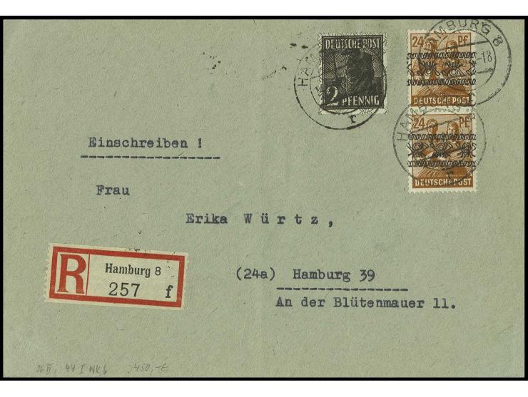 24 Pfg., senkrechtes Paar mit Kehrdruck-Aufdruck und 2 Pfg. mit Netzaufdruck auf portogerechtem Orts-R-Brief von "HAMBURG 14.