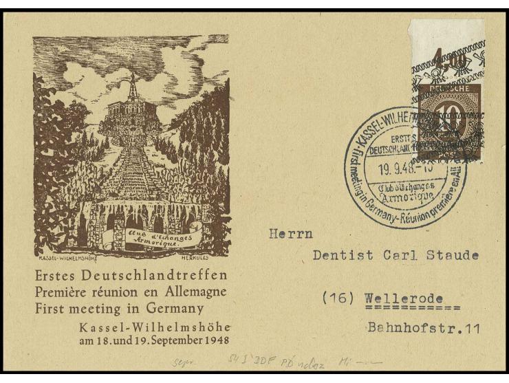 10 Pfg. (Oberrand) mit normalem und diagonalem Aufdruck mit Sonderstempeln "KASSEL-WILHELMSHÖHE 19.9.48" auf illustrierter Ka