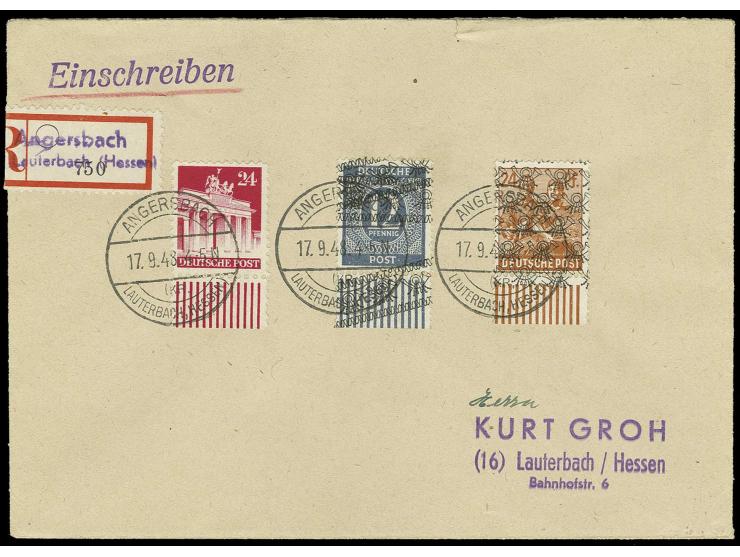 12 Pfg. blaugrau mit doppeltem Aufdruck auf R-Brief mit portogerechter Zusatzfrankatur aus "ANGERSBACH 17.9.48" nach Lauterba