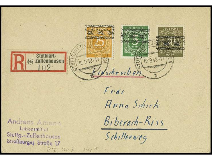 5 Pfg. mit Zusatz 25 und 30 Pfg. auf portogerechtem R-Brief von "STUTTGART-ZUFFENHAUSEN 19.9.48" nach Biberach-Riss mit Ankun