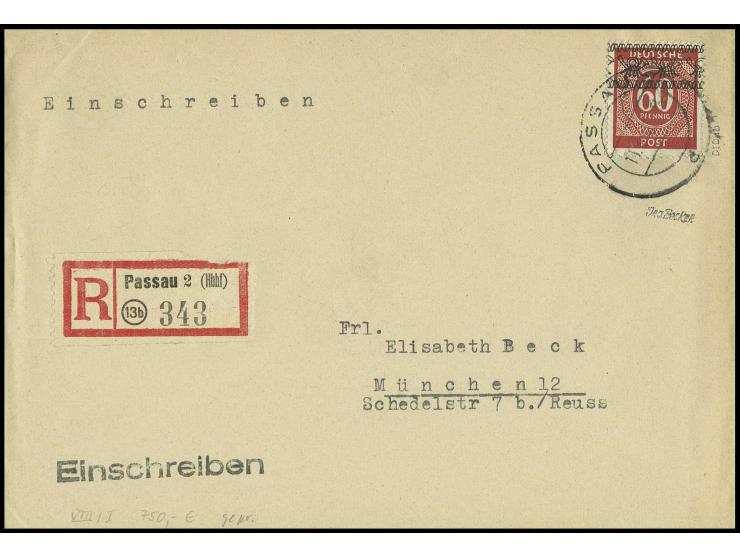 60 Pfg. auf portogerechtem R-Brief von "PASSAU 11.9.48" nach München mit Ankunftsstempel, u.a. sign. Schlegel D. BPP