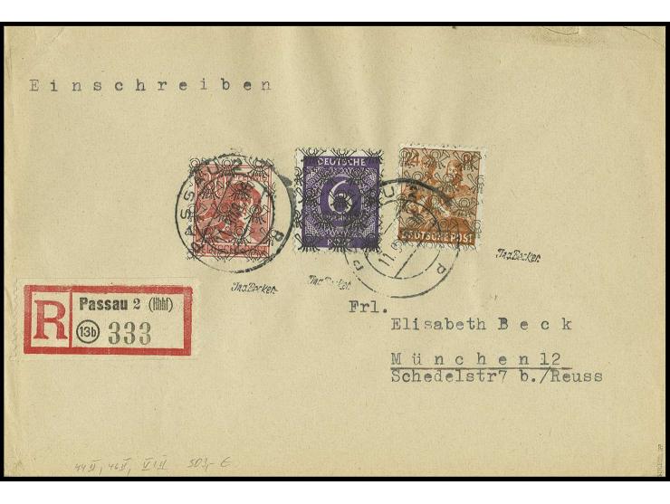 6 Pfg. mit Zusatz Arbeiter 24 und 30 Pfg. auf portogerechtem R-Brief (kleine Umschlagfehler) von "PASSAU 11.9.48" nach Münche
