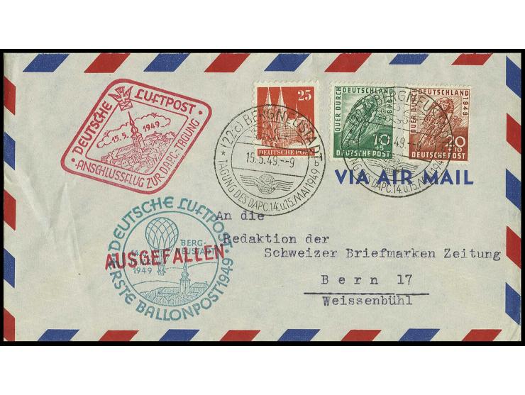 Radfahrer 10 und 20 Pfg. mit Zusatzfrankatur und Ersttagsstempel "BERGNEUSTADT 15.5.49" auf Ballonbrief mit Ausfallstempel, s