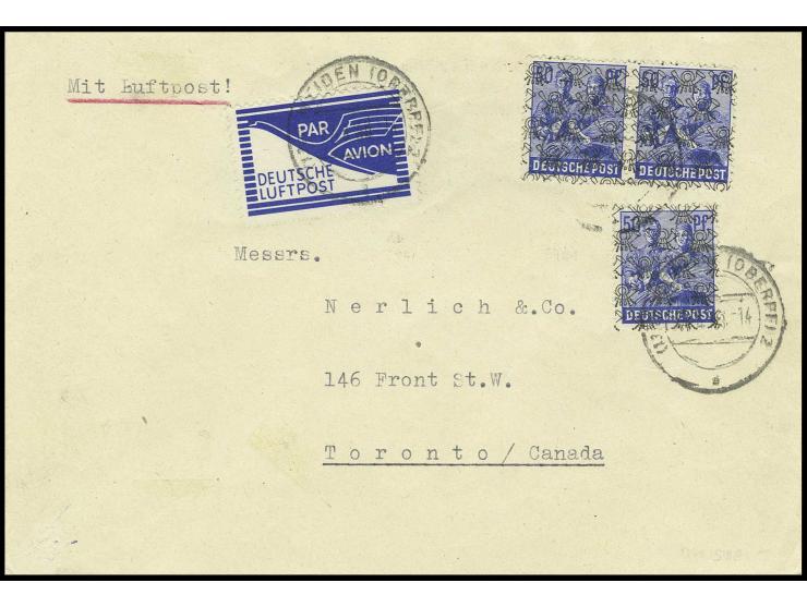 1948, Brief mit Arbeiter 50 Pfg. mit Netzaufdruck (3), gestempelt "WEIDEN 22.8.48" nach Toronto (Mi. 400,-)