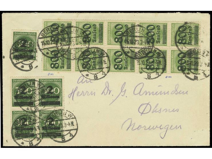 1923, Aufdruckausgaben der Hochinflation: 800 Tausend auf 500 Mark gelblichgrün im senkrechten 10er-Block mit 5 Stück 2 Milli