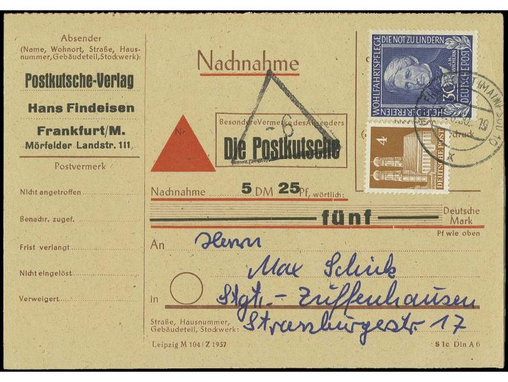 30 Pfg. mit Bauten 4 Pfg. auf portogerechter Nachnahmekarte von "FRANKFURT 30.8.50" nach Stuttgart, nicht häufige Verwendung,