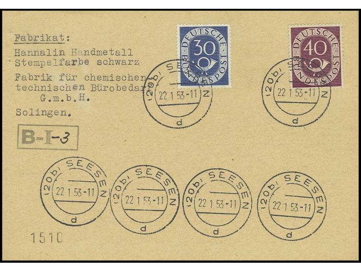 2, 10, 30 und 40 Pfg. auf zwei Stempeltestkarten mit jeweils Stempel "SEESEN 22.1.53" und zusätzlich 4 Blanko-Abschlägen; ers