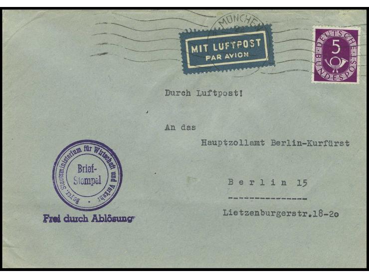 5 Pfg. (geringfügige Zahnmängel) als portogerechte Einzelfrankatur auf Luftpostbrief "Frei durch Ablösung" des bayerischen St