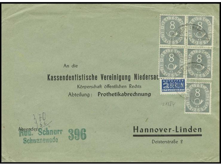 8 Pfg., 4er-Block und Einzelwert auf portogerechtem Brief von "SCHWANEWEDE 17.3.52" nach Hannover, leichte Bedarfsmängel, jed