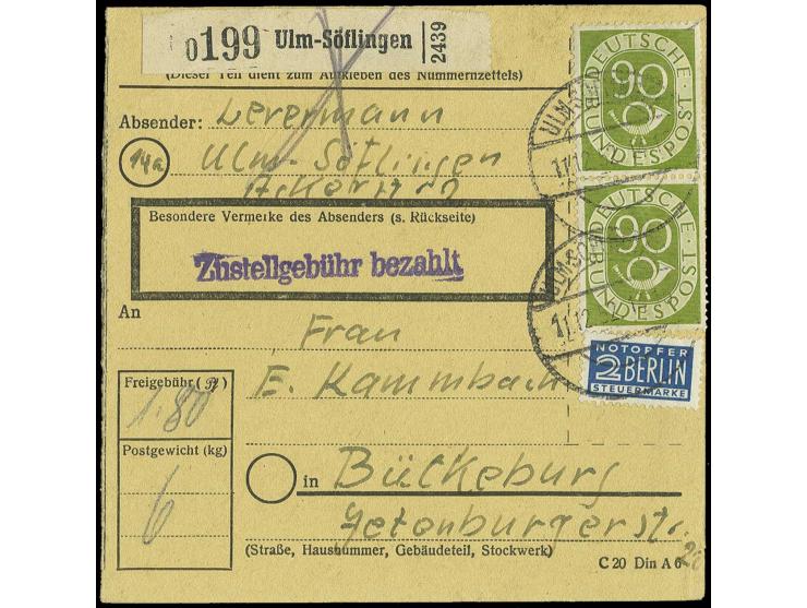 90 Pfg. im senkrechten Paar als Mehrfachfrankatur auf Paketkarte von "ULM 11.12.52" nach Bückeburg