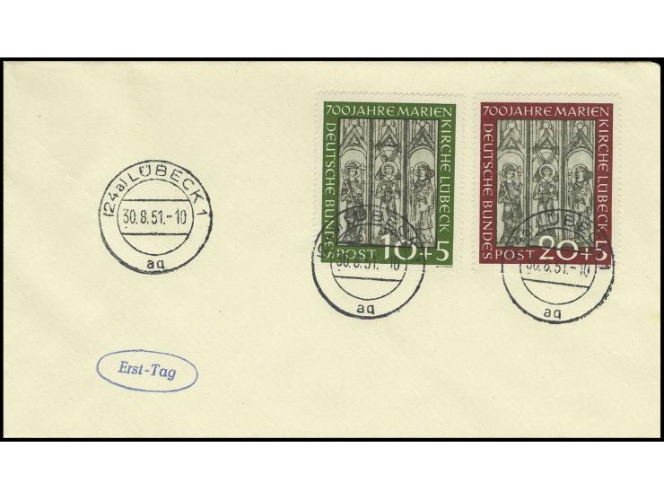 10 und 20 Pfg. mit Ersttagsstempel "LÜBECK 30.8.51" auf FDC (Mi. 2000,-)
