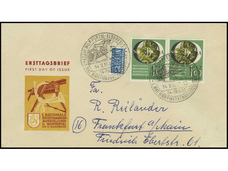 Wuppertal 10 Pfg. im waagerechten Paar mit Ersttags-Sonderstempel "WUPPERTAL-ELBERFELD 14.9.51" auf portogerechtem illustrier