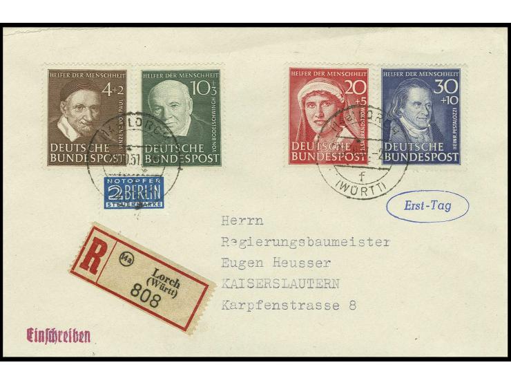 Wohlfahrt 4-30 Pfg. kpl. mit Ersttagsstempel "LORCH 23.10.51" auf R-FDC nach Kaiserslautern (Mi. 1500,-)