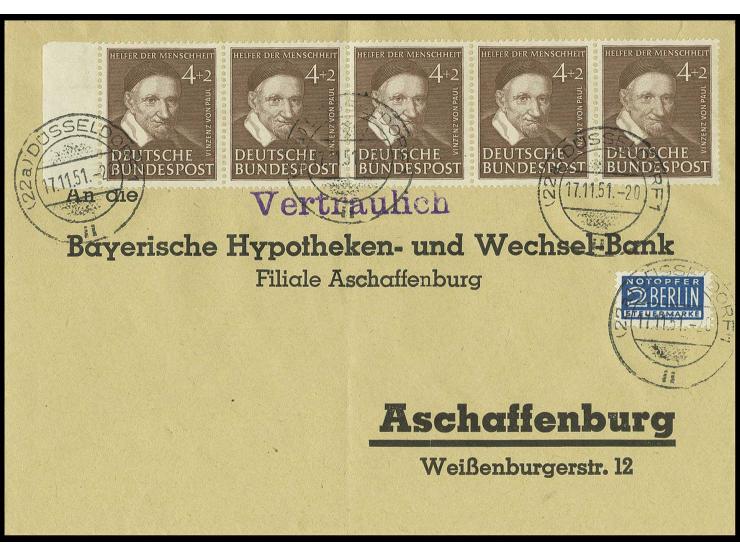 4 Pfg. im waagerechten Rand-5er-Streifen auf Bankbrief von "DÜSSELDORF 17.11.51" nach Aschaffenburg, senkrechte Brieffaltung 