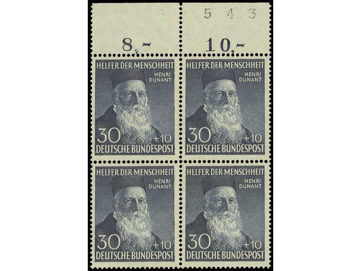 1952, Wohlfahrt 4-30 Pfg. kpl. in Oberrand-4er-Blocks, postfrisch