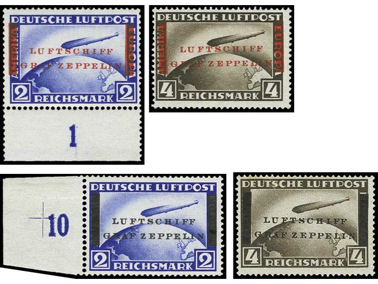 1929, Zeppelin 2 Mark und 4 Mark jeweils mit schwarzem bzw. rotem Aufdruck "LUFTSCHIFF/GRAF ZEPPELIN" sowie ausgebalkten Insc