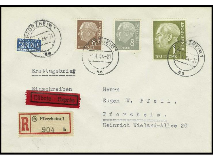 1 M. mit 6 und 8 Pfg. mit jeweils Ersttagsstempel "PFORZHEIM 1.4.54" auf adressiertem FDC (rückseitig Öffnungsmängel) (Mi. 65