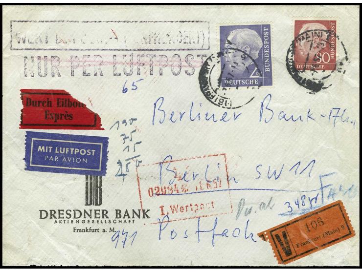 2 M. und 80 Pfg. auf Eilboten-Luftpost-Wertbrief aus "FRANKFURT 7.6.57" nach Berlin mit  Ankunftsstempel, stärkere Bedarfsspu