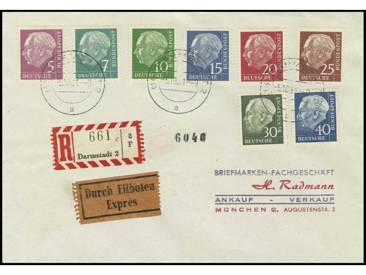 5-40 Pfg. kpl. auf Eilboten-R-Brief von "DARMSTADT 5.10.61" nach München mit Ankunftsstempel