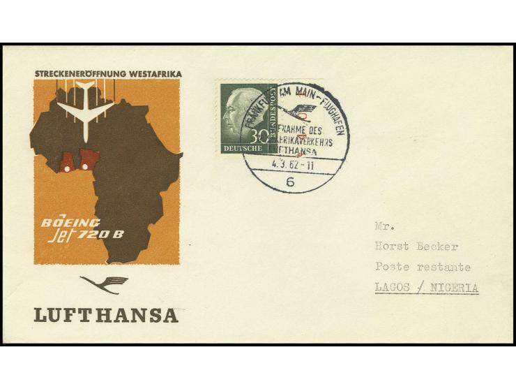 1956/60, Heuss 30 Pfg. lumogen, rechtes Randstück mit roter Bogenzählnummer als portogerechte Einzelfrankatur auf Lufthansa-E