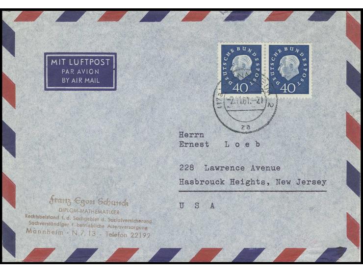 1959, Heuss III 40 Pfg., waagerechtes Paar auf Luftpostbrief von "MANNHEIM 2.11.61" nach USA, Umschlag leichte Gebrauchsspure