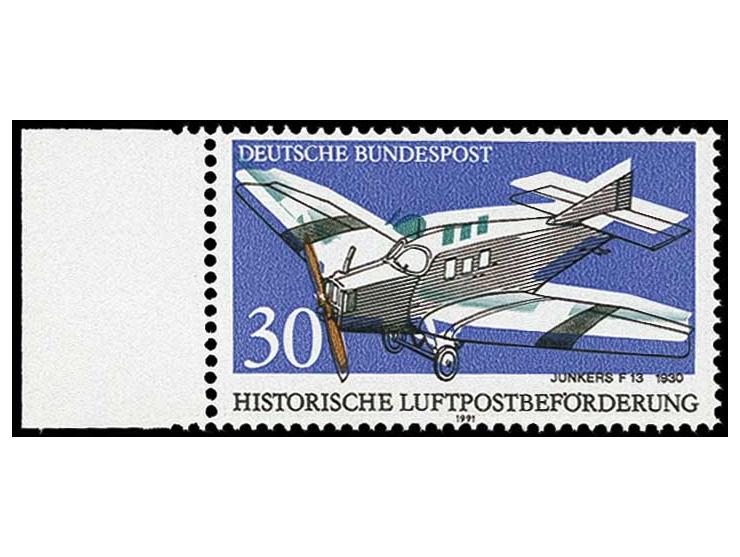 1991, Historische Luftpostbeförderung 30 Pfg. mit fehlender dunkelgrauer sowie Passerverschiebung der hellultramarinen und bl