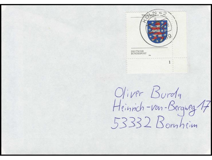 1994, Wappen von Thüringen 100 Pfg. mit u.a. fehlender Landkarte und Wertziffer, rechtes unteres Eckrandstück mit Stempel 'KÖ