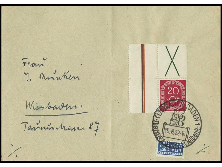 X+20 Pfg. mit links Zwischensteg auf portogerechtem Brief (senkrecht gefaltet) von 'BADEN-BADEN 19.8.52' nach Wiesbaden, Foto
