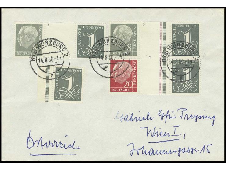 1960, Heuss und Ziffern, Wz. Y Nachauflage: 8+Z+1 Pfg., zwei verschiedene, mit 20+Z+1 Pfg. und weiterer 1 Pfg. auf portogerec