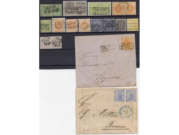 1859/66, hochwertige kleine gestempelte Zusammenstellung mit u.a. Mi.-Nr. 4b und 5a in Paaren, 6x und y sowie 10b auf Brief; 