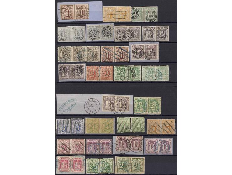 1859/65, interessante gestempelte Zusammenstellung mit waagerechtem 3er-Streifen und 26 Paaren (zum Teil auf Briefstücken), d