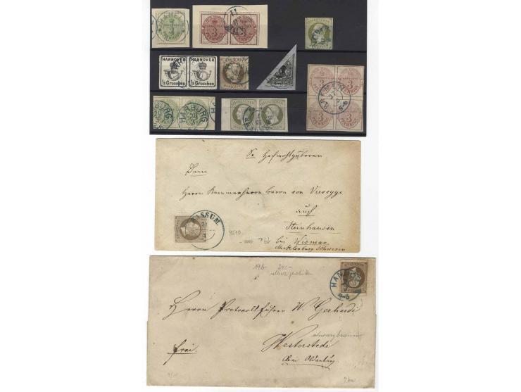 1856/64, kleine gestempelte Zusammenstellung besserer Werte mit u.a. Mi.-Nr. 11H auf Briefstück, 13b im 4er-Block, 18, Einzel