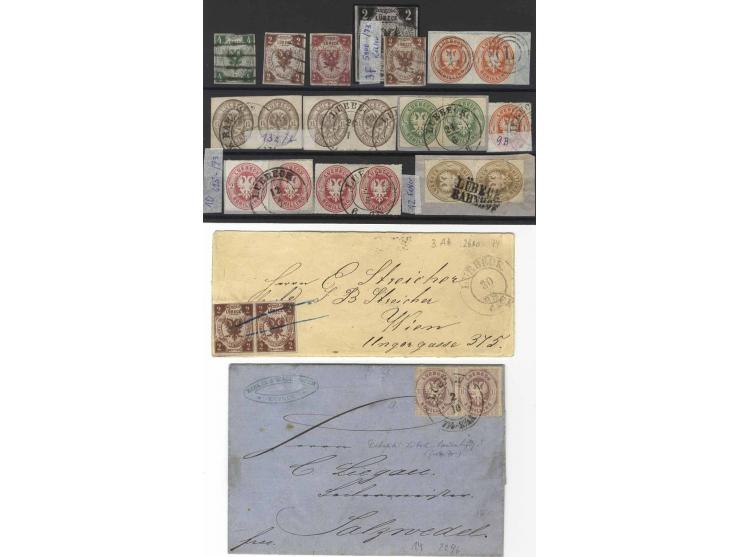 1859/65, hochwertige gestempelte Zusammenstellung mit u.a. Mi.-Nr. 1 (unten angeschnitten, sonst breitrandig) auf Ortsbrief, 