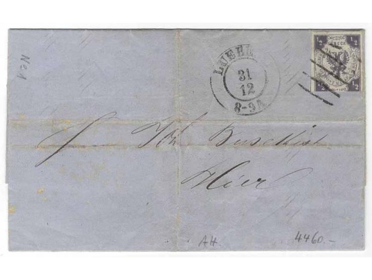 1859/65, hochwertige gestempelte Zusammenstellung mit u.a. Mi.-Nr. 1 (unten angeschnitten, sonst breitrandig) auf Ortsbrief, 