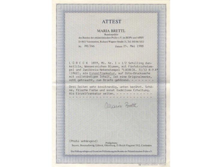 1859/65, hochwertige gestempelte Zusammenstellung mit u.a. Mi.-Nr. 1 (unten angeschnitten, sonst breitrandig) auf Ortsbrief, 