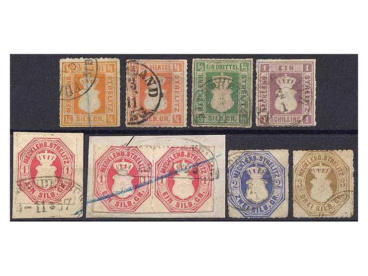 1864, 5 gestempelte Marken und 2 Briefstücke (Mi.-Nr. 1 in 2 Farbnuancen, 2 und 4-6 sowie Nr. 4 in Paar) in unterschiedlicher