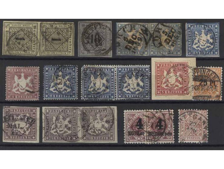 1851/1923, hochwertige gestempelte Zusammenstellung mit u.a. Mi.-Nr. 1c, 10 und 20 jeweils im Paar, 42a, Einzelwert und Paar 