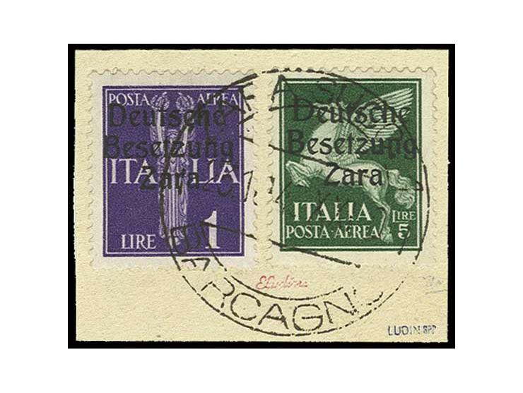 Flugpostausgabe: 5 Lire grün mit Aufdruck in Type II zusammen mit 1 Lire mit sauberem Stempel "ZARA  SUCC. 1-BARCAGNO-23.10.4