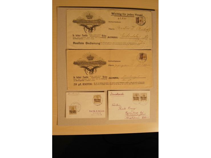 1900/14, 25 Drucksachenfrankaturen mit interessanten Firmenumschlägen, verschiedene Stempel und Frankaturen, Firmenwerbekarte