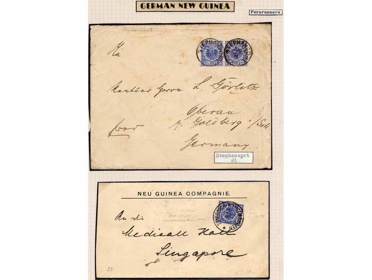 1892/1912 (ca.), gestempelte Zusammenstellung mit 2 Vorläuferbriefen (Krone/Adler 20 Pfg. einzeln und Paar), Briefstücken und