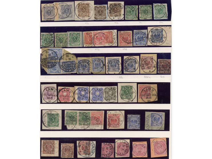 1890/1900, sehr interessante Zusammenstellung der Vor- und Mitläuferausgaben, dabei viel mit Stempel "LAMU" und "ZANZIBAR", s