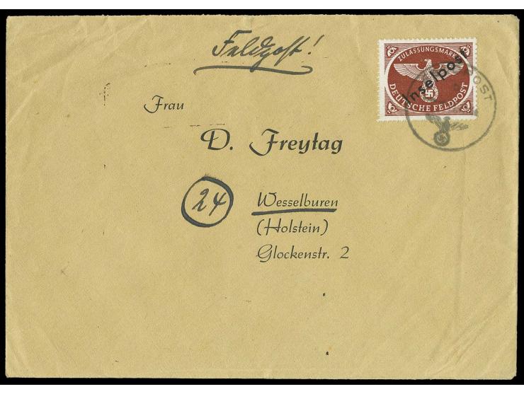 1944, Vukovar-Zulassungsmarke mit Tagesstempel "b 31.12.44" auf Brief des evangelischen Feldgeistlichen Oberleutnant Erwin Fr